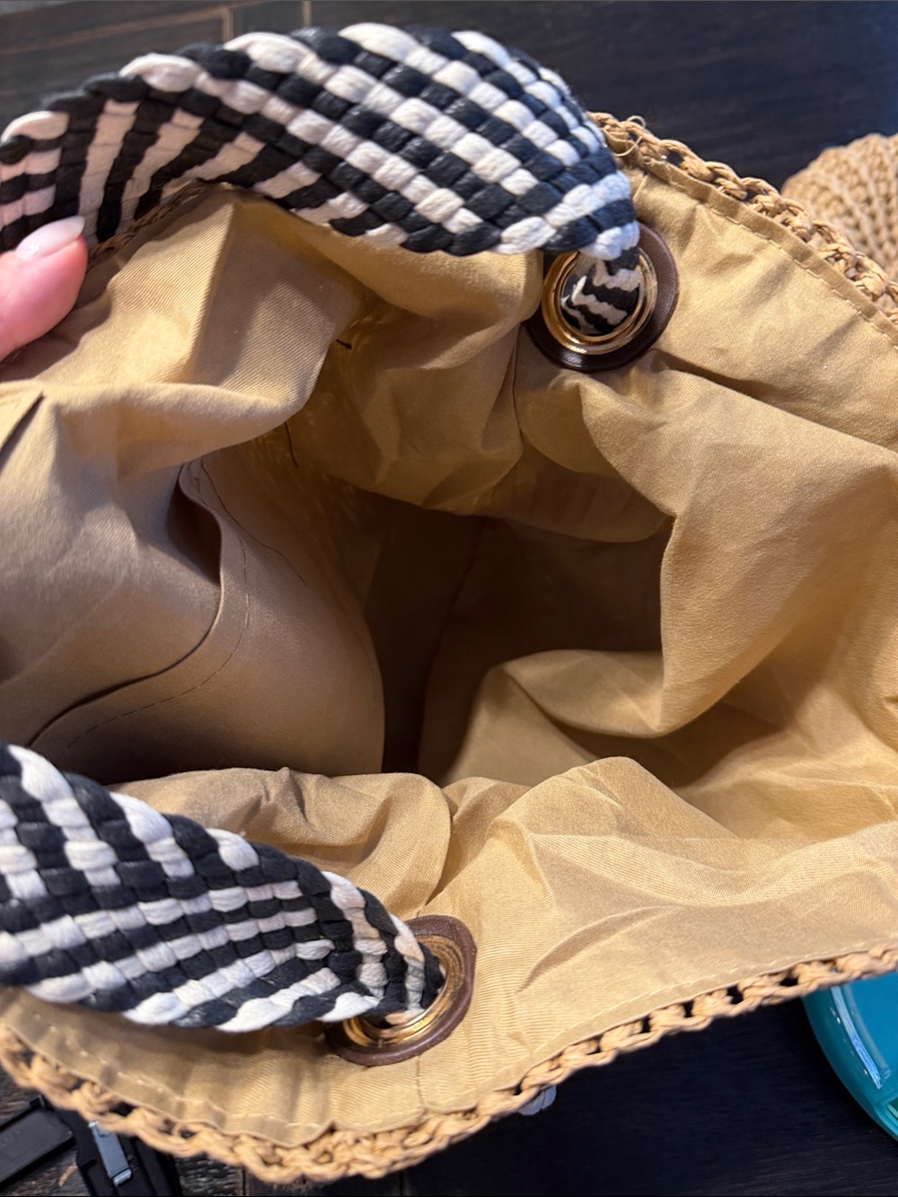 Woven Straw Tote Bag with Striped Rope Handles - Tan - Picture 2 of 2